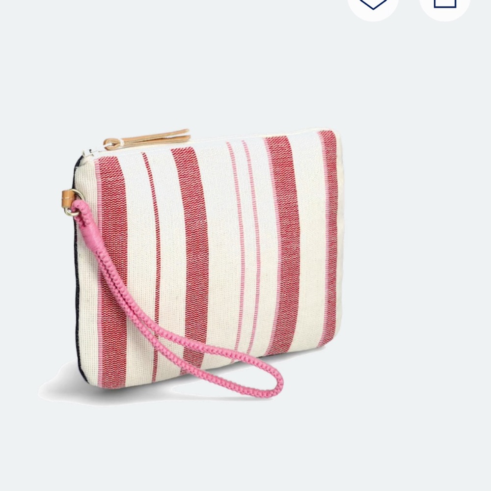 Mercado Global Upcycled Denim Pink and Cream Striped Wristlet Clutch